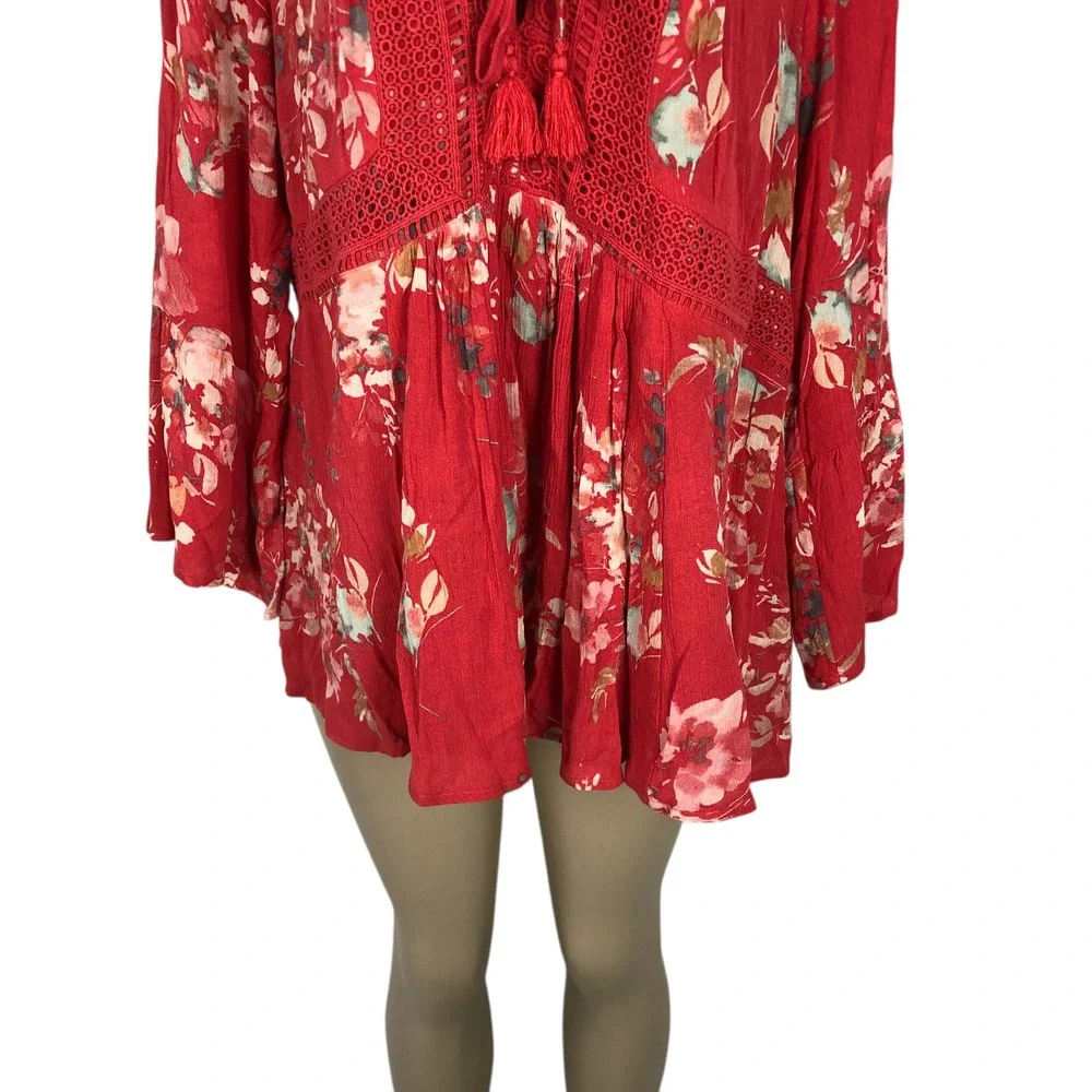 Torrid Floral Print Crochet Lace V-Neck Bell Sleeve Tunic Top Size 1X Boho Gauze - Picture 4 of 8